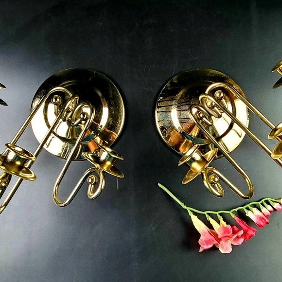 Vintage Brass Wall Sconces - 3 Candlestick Candelabra- Set of 2- Made in USA
